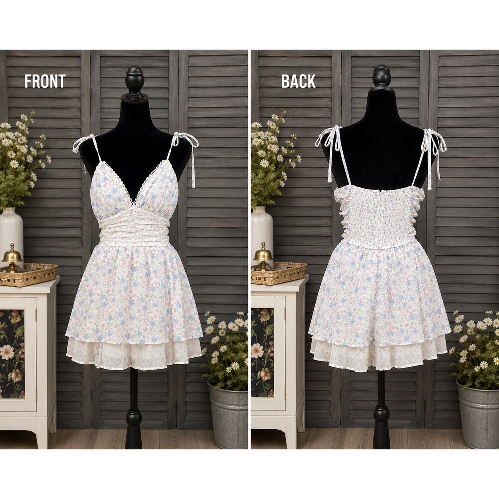 Altar'd State Malaya Ivory Floral Tie Strap Smocked Romper XL NWT Garden Party - Picture 3 of 11